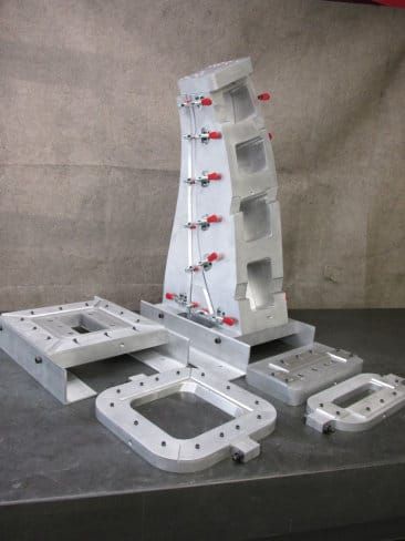 Aluminum weld fixture standing upright